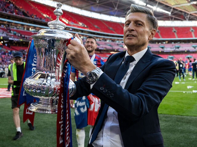 LONDON, ENGLAND - MAY 17: Chairman Steve Parish of Crystal Palace celebrate with a trophy after winning the Emirates FA Cup Final match between Crystal Palace and Manchester City at Wembley Stadium on May 17, 2025 in London, England.