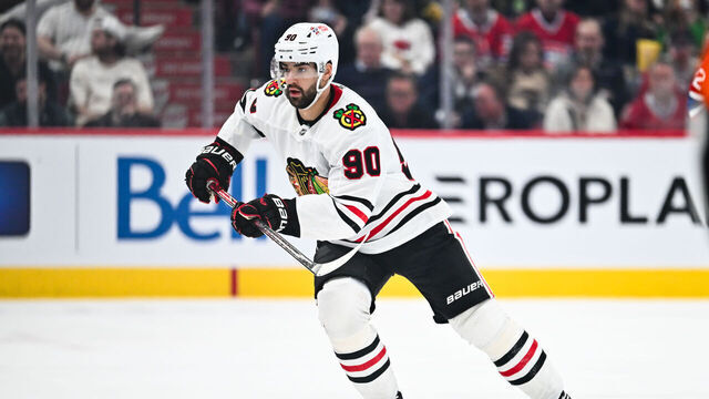 MONTREAL, CANADA - APRIL 14: Joe Veleno #90 of the Chicago Blackhawks skates during the third period against the Montreal Canadiens at the Bell Centre on April 14, 2025 in Montreal, Quebec, Canada. The Chicago Blackhawks defeated the Montreal Canadiens 4-3 in a shootout.