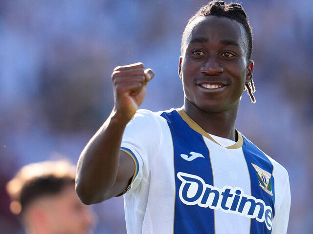 LEGANES, SPAIN - MAY 24: Yan Diomande of CD Leganes celebrates his teammates Juan Cruz (not pictured) third goal during the LaLiga match between CD Leganes and Real Valladolid CF at Estadio Municipal de Butarque on May 24, 2025 in Leganes, Spain.