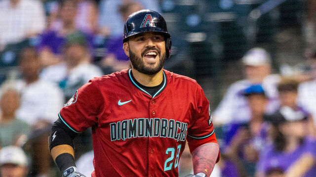 DENVER, CO - JUNE 20: Eugenio Suárez #28 of the Arizona Diamondbacks reacts after hitting a two-run home run in the sixth inning during the game between the Arizona Diamondbacks and the Colorado Rockies at Coors Field on Friday, June 20, 2025 in Denver, Colorado.