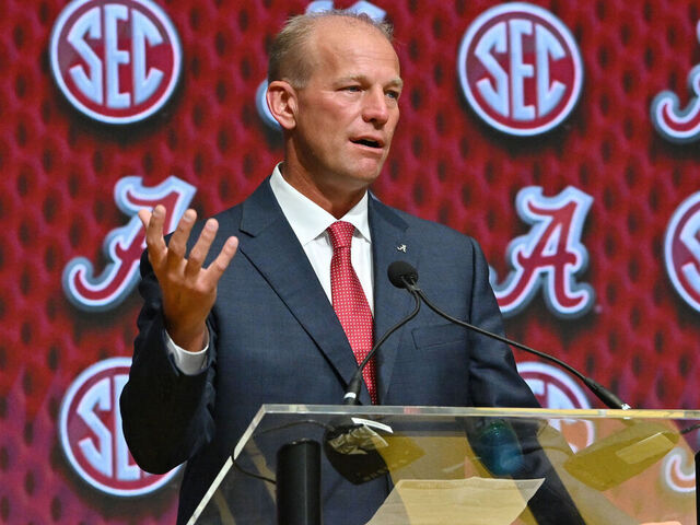 ATLANTA, GA - JULY 16: Alabama Crimson Tide head coach Kalen DeBoer addresses the media during SEC Football Media Days on July 16, 2025, at the College Football Hall of Fame in Atlanta, GA.