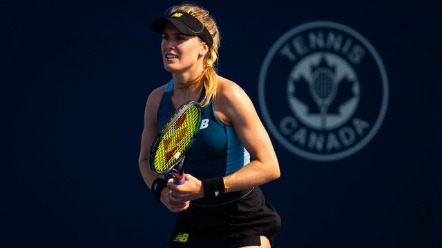 TORONTO, ONTARIO - AUGUST 04: Eugenie Bouchard of Canada in action against Moyuka Uchijima of Japan in the first qualifications round ahead of the National Bank Open Presented by Rogers at Sobeys Stadium on August 04, 2024 in Toronto, Ontario