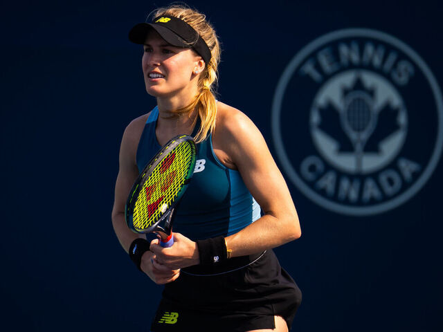 TORONTO, ONTARIO - AUGUST 04: Eugenie Bouchard of Canada in action against Moyuka Uchijima of Japan in the first qualifications round ahead of the National Bank Open Presented by Rogers at Sobeys Stadium on August 04, 2024 in Toronto, Ontario