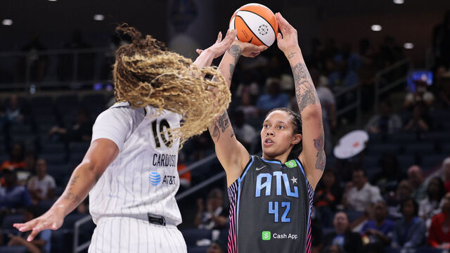 CHICAGO, ILLINOIS - JULY 16: Brittney Griner #42 of the Atlanta Dream shoots over Kamilla Cardoso #10 of the Chicago Sky during the first half at Wintrust Arena on July 16, 2025 in Chicago, Illinois.