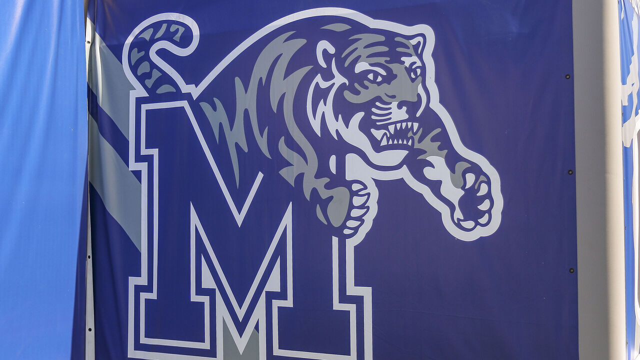 MEMPHIS, TN - SEPTEMBER 25: A Memphis Tigers logo on the wall of the stadium during the college football game between the Memphis Tigers and the UTSA Roadrunners on September 25, 2021, at Liberty Bowl Memorial Stadium in Memphis, TN.