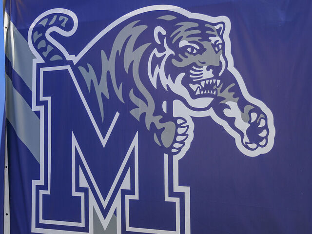 MEMPHIS, TN - SEPTEMBER 25: A Memphis Tigers logo on the wall of the stadium during the college football game between the Memphis Tigers and the UTSA Roadrunners on September 25, 2021, at Liberty Bowl Memorial Stadium in Memphis, TN.