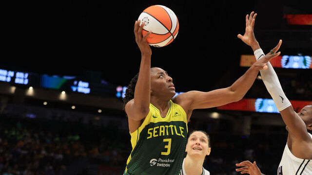 SEATTLE, WA - JULY 16: Nneka Ogwumike #3 of the Seatttle Storm drives to the basket during the game against the Golden State Valkyries on July 16, 2025 at Climate Pledge Arena in Seattle, Washington. Mandatory Copyright Notice: Copyright 2025 NBAE