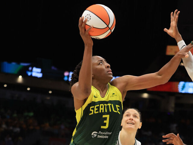 SEATTLE, WA - JULY 16: Nneka Ogwumike #3 of the Seatttle Storm drives to the basket during the game against the Golden State Valkyries on July 16, 2025 at Climate Pledge Arena in Seattle, Washington. Mandatory Copyright Notice: Copyright 2025 NBAE