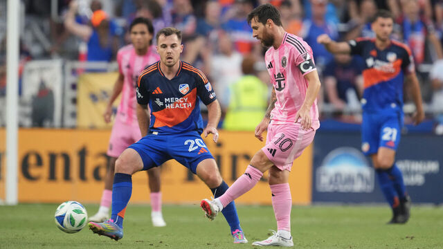 CINCINNATI, OHIO - JULY 16: Lionel Messi #10 of Inter Miami CF shoots whilst under pressure from Pavel Bucha #20 of FC Cincinnati during the MLS match between FC Cincinnati and Inter Miami CF at TQL Stadium on July 16, 2025 in Cincinnati, Ohio.