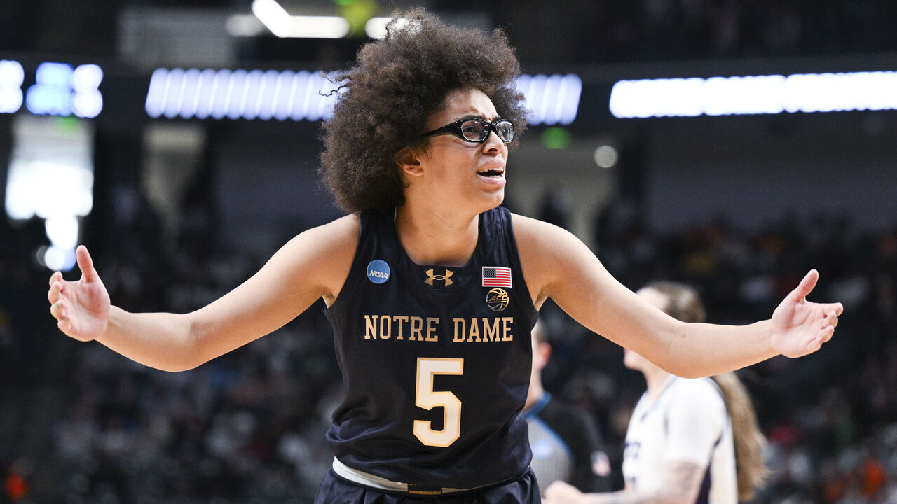 BIRMINGHAM, ALABAMA - MARCH 29: Olivia Miles #5 of the Notre Dame Fighting Irish reacts during game against the TCU Horned Frogs in the Sweet Sixteen round of the 2025 NCAA Women's Basketball Tournament held at Legacy Arena at the BJCC on March 29, 2025 in Birmingham, Alabama.