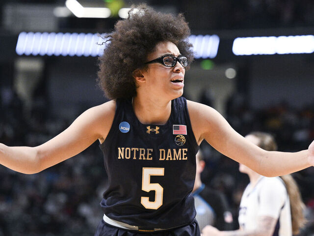 BIRMINGHAM, ALABAMA - MARCH 29: Olivia Miles #5 of the Notre Dame Fighting Irish reacts during game against the TCU Horned Frogs in the Sweet Sixteen round of the 2025 NCAA Women's Basketball Tournament held at Legacy Arena at the BJCC on March 29, 2025 in Birmingham, Alabama.