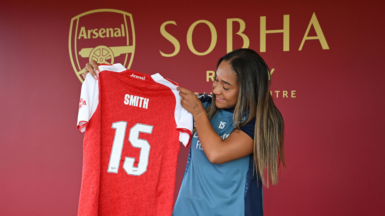 LONDON COLNEY, ENGLAND - JULY 15: Olivia Smith signs for Arsenal at Sobha Realty Training Centre on July 15, 2025 in London Colney, England.