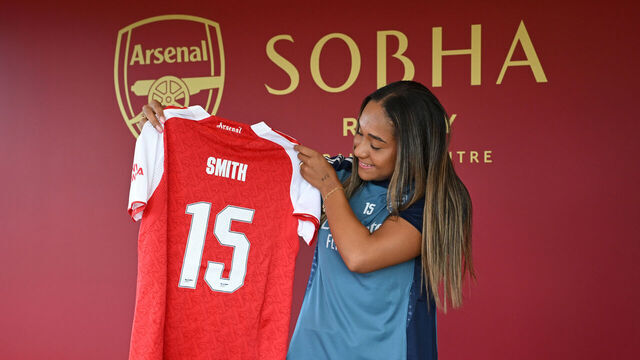 LONDON COLNEY, ENGLAND - JULY 15: Olivia Smith signs for Arsenal at Sobha Realty Training Centre on July 15, 2025 in London Colney, England.