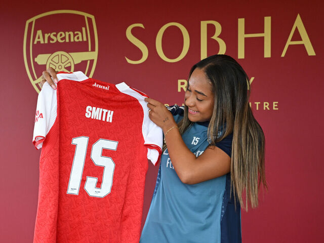 LONDON COLNEY, ENGLAND - JULY 15: Olivia Smith signs for Arsenal at Sobha Realty Training Centre on July 15, 2025 in London Colney, England.