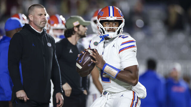 TALLAHASSEE, FLORIDA - NOVEMBER 30: DJ Lagway #2 of the Florida Gators warms up before the start of a game against the Florida State Seminoles at Doak Campbell Stadium on November 30, 2024 in Tallahassee, Florida.