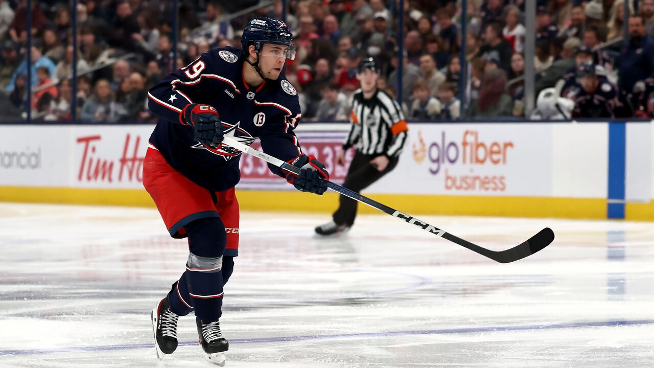 COLUMBUS, OHIO - MARCH 20: Yegor Chinakhov #59 of the Columbus Blue Jackets passes the puck during the game against the Florida Panthers at Nationwide Arena on March 20, 2025 in Columbus, Ohio. Florida defeated Columbus 1-0 in overtime.