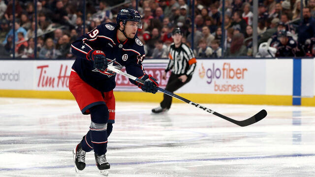 COLUMBUS, OHIO - MARCH 20: Yegor Chinakhov #59 of the Columbus Blue Jackets passes the puck during the game against the Florida Panthers at Nationwide Arena on March 20, 2025 in Columbus, Ohio. Florida defeated Columbus 1-0 in overtime.