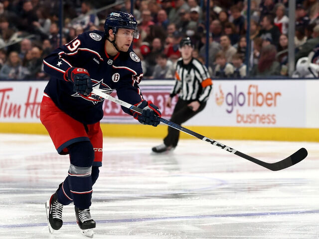 COLUMBUS, OHIO - MARCH 20: Yegor Chinakhov #59 of the Columbus Blue Jackets passes the puck during the game against the Florida Panthers at Nationwide Arena on March 20, 2025 in Columbus, Ohio. Florida defeated Columbus 1-0 in overtime.