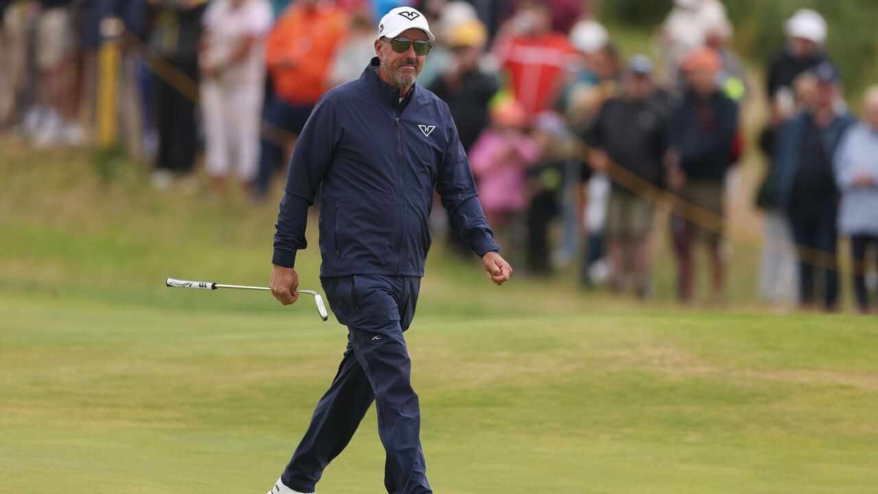 PORTRUSH, NORTHERN IRELAND - JULY 17: Phil Mickelson of the United States reacts on the 13th green during day one of The 153rd Open Championship at Royal Portrush Golf Club on July 17, 2025 in Portrush, Northern Ireland.