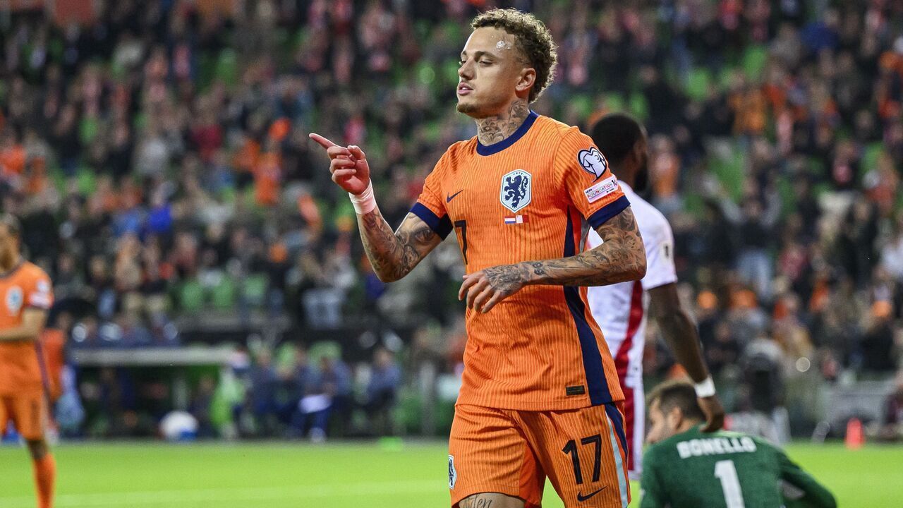 GRONINGEN - Noa Lang of Netherlands celebrates the goal during the World Cup qualifier between the Netherlands and Malta at the Euroborg stadium on June 10, 2025 in Groningen, Netherlands. ANP COR LASKER