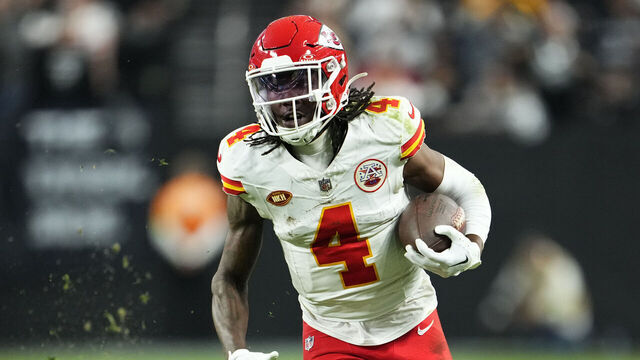LAS VEGAS, NEVADA - NOVEMBER 26: Rashee Rice #4 of the Kansas City Chiefs runs for a fourth quarter touchdown against the Las Vegas Raiders at Allegiant Stadium on November 26, 2023 in Las Vegas, Nevada.