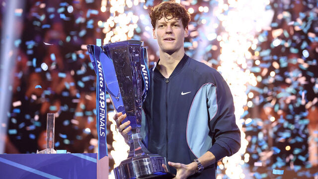 Turin, Italy - November 17: Jannik Sinner of Italy celebrates with the trophy after winning the final singles match between Jannik Sinner of Italy and Taylor Fritz of USA on day eight of the Nitto ATP finals 2024 at Inalpi Arena on November 17, 2024 in Turin, Italy.