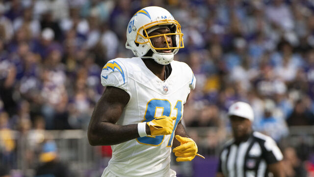 MINNEAPOLIS, MINNESOTA - SEPTEMBER 24: Mike Williams #81 of the Los Angeles Chargers lines up for a play in the first quarter of the game against the Minnesota Vikings at U.S. Bank Stadium on September 24, 2023 in Minneapolis, Minnesota.