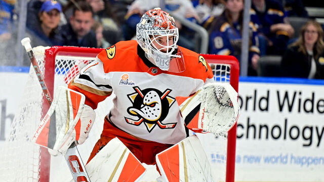 ST. LOUIS, MO - MARCH 16: Anaheim Ducks goaltender Lukas Dostal (1) as seen during an NHL game between the Anaheim Ducks and the St. Louis Blues on March 16, 2025, at Enterprise Center, St. Louis MO.