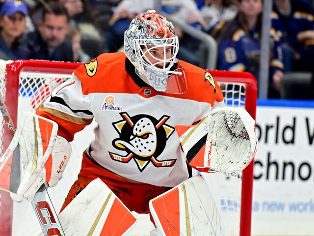 ST. LOUIS, MO - MARCH 16: Anaheim Ducks goaltender Lukas Dostal (1) as seen during an NHL game between the Anaheim Ducks and the St. Louis Blues on March 16, 2025, at Enterprise Center, St. Louis MO.