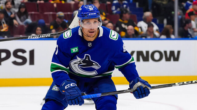 VANCOUVER, CANADA - APRIL 16: Dakota Joshua #81 of the Vancouver Canucks skates during the third period of their NHL game against the Vegas Golden Knights at Rogers Arena on April 16, 2025 in Vancouver, Canada.