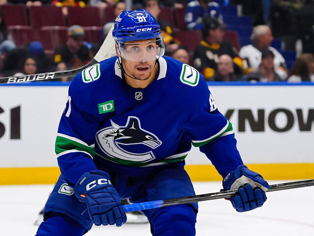 VANCOUVER, CANADA - APRIL 16: Dakota Joshua #81 of the Vancouver Canucks skates during the third period of their NHL game against the Vegas Golden Knights at Rogers Arena on April 16, 2025 in Vancouver, Canada.