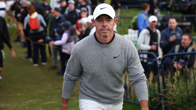 Northern Ireland's Rory McIlroy walks from the 17th green on the opening day of the 153rd Open Championship at Royal Portrush golf club in Northern Ireland on July 17, 2025.