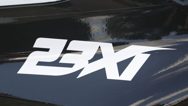 AUSTIN, TX - MARCH 02 a 23XI logo is on the front of Tyler Reddick (#45 23XI Racing The Beast Toyota) during the NASCAR Cup Series Echopark Texas Grand Prix on March 02,2025 at the Circuit of the Americas in Austin, TX.