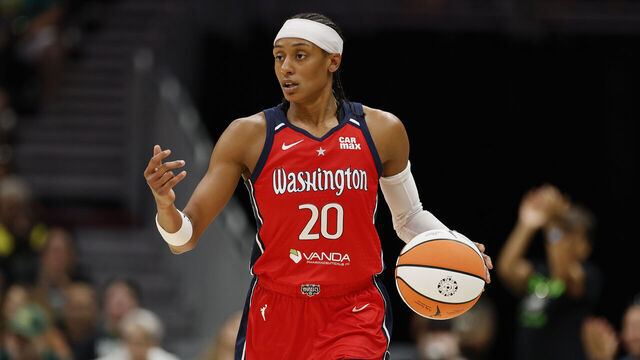 SEATTLE, WASHINGTON - JULY 13: Brittney Sykes #20 of the Washington Mystics controls the ball during the game against the Seattle Storm at Climate Pledge Arena on July 13, 2025 in Seattle, Washington. The Washington Mystics won 74-69.