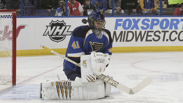 ST. LOUIS, MO - DECEMBER 30: Jaroslav Halak #41 of the St. Louis Blues makes a save against the Nashville Predators in an NHL game on December 30, 2011 at Scottrade Center in St. Louis, Missouri.