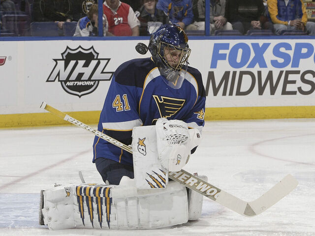 ST. LOUIS, MO - DECEMBER 30: Jaroslav Halak #41 of the St. Louis Blues makes a save against the Nashville Predators in an NHL game on December 30, 2011 at Scottrade Center in St. Louis, Missouri.