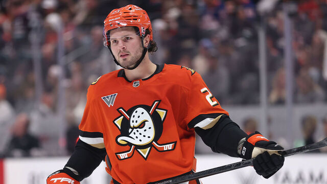 ANAHEIM, CALIFORNIA - MARCH 09: Mason McTavish #23 of the Anaheim Ducks looks on during the second period of a game against the New York Islanders at Honda Center on March 09, 2025 in Anaheim, California.
