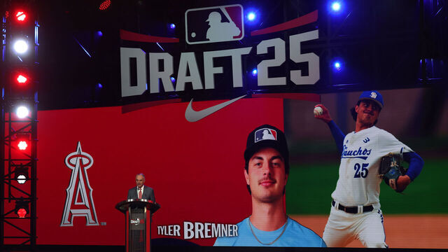 ATLANTA, GEORGIA - JULY 13: Major League Baseball commissioner Robert D. Manfred Jr. announces Tyler Bremner as the second overall pick, by the Los Angeles Angels, in the first round of the 2025 MLB Draft at Coca-Cola Roxy on July 13, 2025 in Atlanta, Georgia.