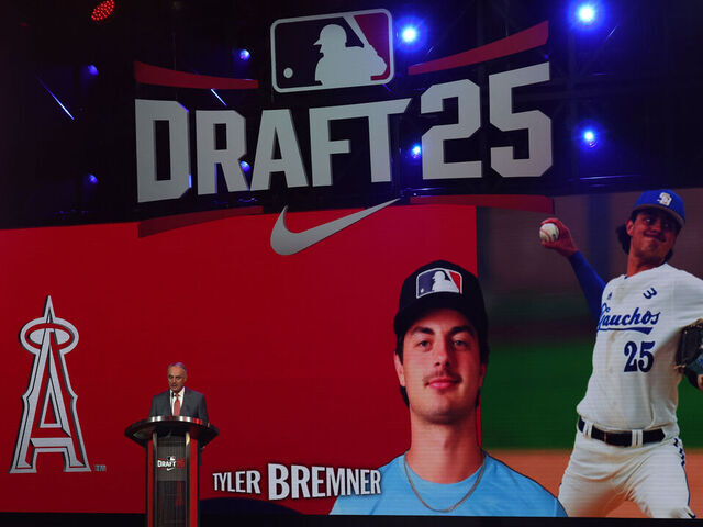 ATLANTA, GEORGIA - JULY 13: Major League Baseball commissioner Robert D. Manfred Jr. announces Tyler Bremner as the second overall pick, by the Los Angeles Angels, in the first round of the 2025 MLB Draft at Coca-Cola Roxy on July 13, 2025 in Atlanta, Georgia.