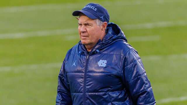 CHAPEL HILL, NORTH CAROLINA - APRIL 12: Head coach Bill Belichick of the North Carolina Tar Heels coaches at Kenan Stadium on April 12, 2025 in Chapel Hill, North Carolina.