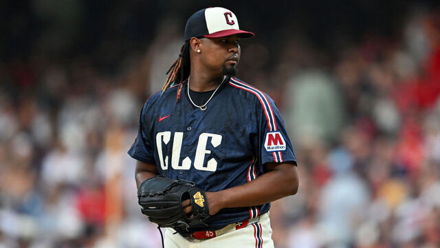 CLEVELAND, OHIO - JUNE 27: Luis L. Ortiz #45 of the Cleveland Guardians prepares to pitch during the sixth inning against the St. Louis Cardinals at Progressive Field on June 27, 2025 in Cleveland, Ohio.