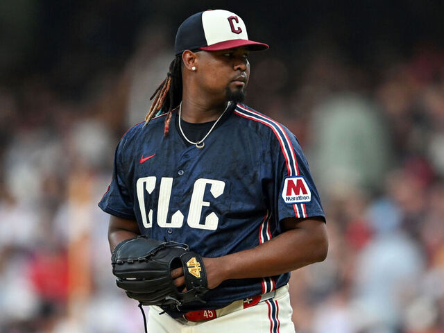 CLEVELAND, OHIO - JUNE 27: Luis L. Ortiz #45 of the Cleveland Guardians prepares to pitch during the sixth inning against the St. Louis Cardinals at Progressive Field on June 27, 2025 in Cleveland, Ohio.