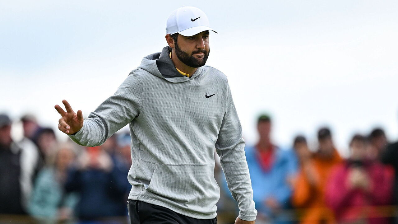 Antrim , United Kingdom - 18 July 2025; Scottie Scheffler of USA reacts after a birdie putt on the sixth green during day two of The 153rd Open Championship at Royal Portrush Golf Club in Portrush, Antrim.