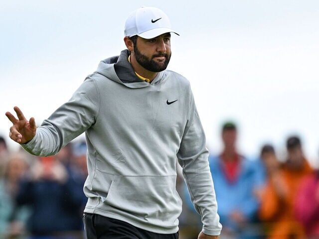 Antrim , United Kingdom - 18 July 2025; Scottie Scheffler of USA reacts after a birdie putt on the sixth green during day two of The 153rd Open Championship at Royal Portrush Golf Club in Portrush, Antrim.