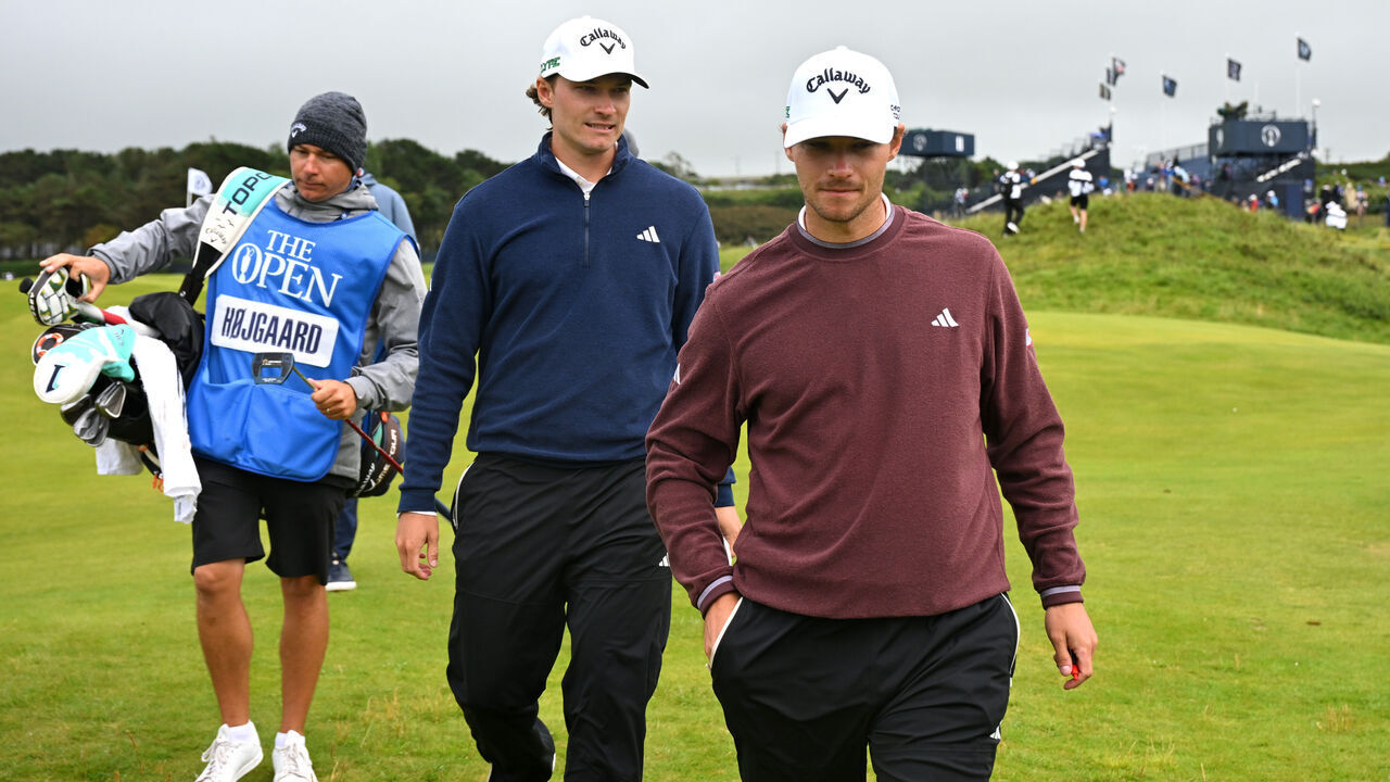 PORTRUSH, NORTHERN IRELAND - JULY 15: Rasmus Hojgaard of Denmark and Nicolai Hojgaard of Denmark walk during a practice round prior to The 153rd Open Championship at Royal Portrush Golf Club on July 15, 2025 in Portrush, Northern Ireland.