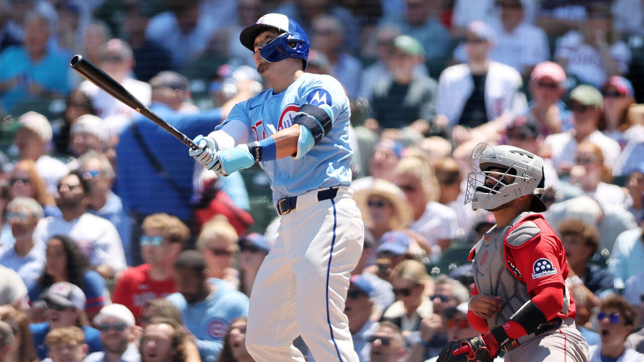 CHICAGO, ILLINOIS - JULY 18: Seiya Suzuki #27 of the Chicago Cubs hits a three-run home run off Lucas Giolito #54 of the Boston Red Sox (not pictured) during the first inning at Wrigley Field on July 18, 2025 in Chicago, Illinois.