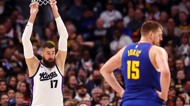 DENVER, COLORADO - MARCH 5: Jonas Valanciunas #17 of the Sacramento Kings looks on against Nikola Jokic #15 of the Denver Nuggets during the second quarter at Ball Arena on March 5, 2025 in Denver, Colorado. NOTE TO USER: User expressly acknowledges and agrees that, by downloading and/or using this Photograph, user is consenting to the terms and conditions of the Getty Images License Agreement.