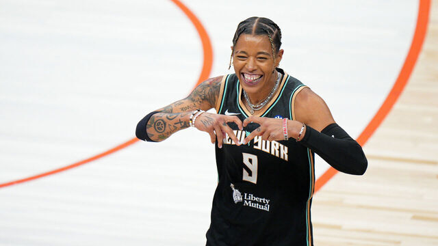 INDIANAPOLIS, IN - JULY 18: Natasha Cloud #9 of the New York Liberty celebrates after winning the Kia WNBA Skills Challenge on July 18, 2025 at Gainbridge Fieldhouse in Indianapolis, Indiana. Mandatory Copyright Notice: Copyright 2025 NBAE