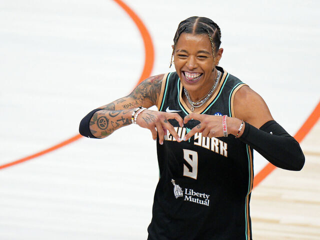 INDIANAPOLIS, IN - JULY 18: Natasha Cloud #9 of the New York Liberty celebrates after winning the Kia WNBA Skills Challenge on July 18, 2025 at Gainbridge Fieldhouse in Indianapolis, Indiana. Mandatory Copyright Notice: Copyright 2025 NBAE