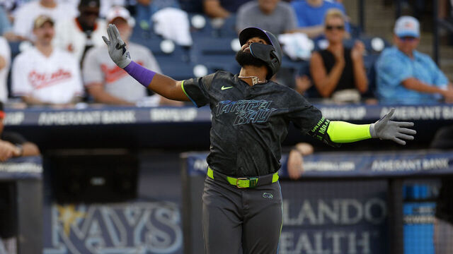 TAMPA, FLORIDA - JULY 18: Junior Caminero #13 of the Tampa Bay Rays celebrates after hitting a three-run home run in the first inning during a game against the Baltimore Orioles at George M. Steinbrenner Field on July 18, 2025 in Tampa, Florida.